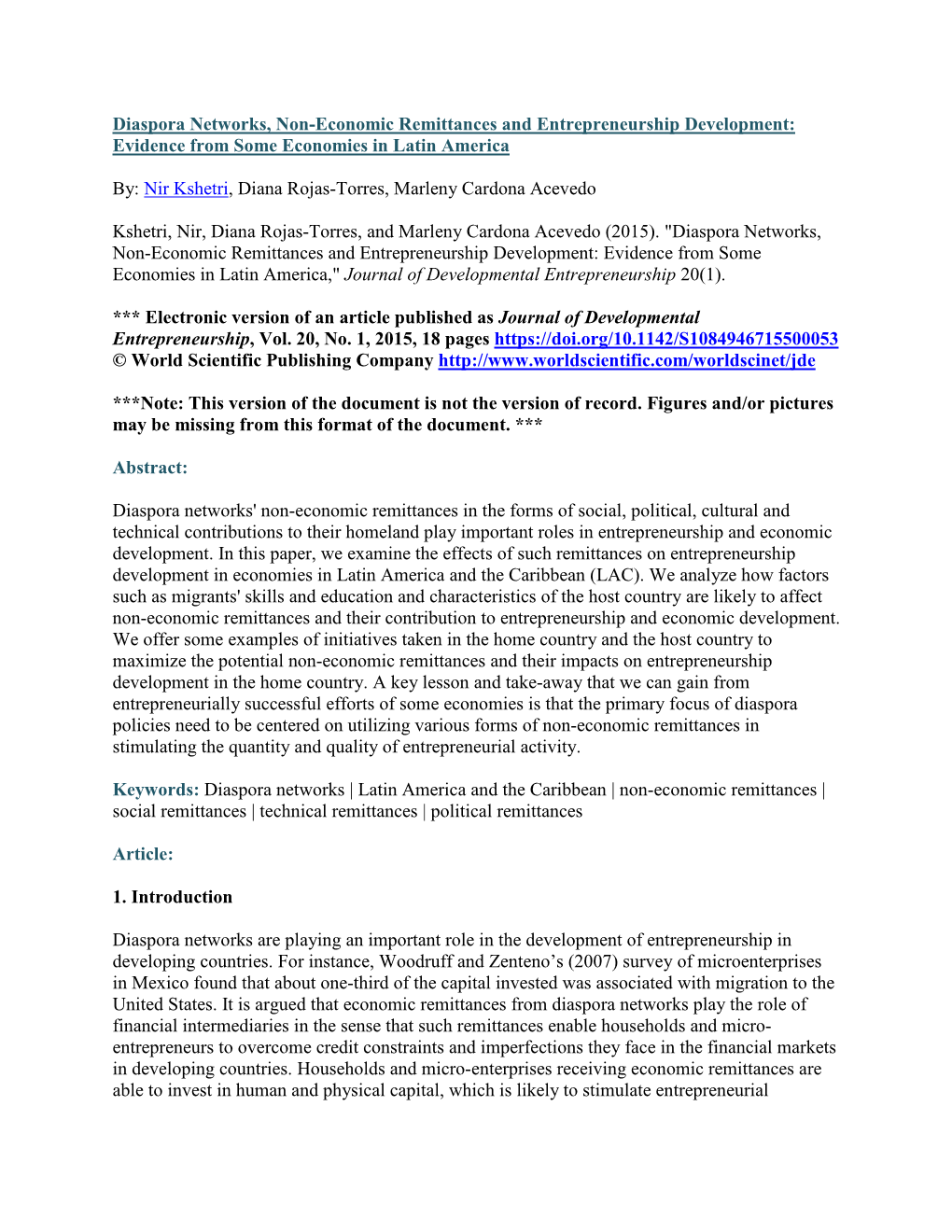 Diaspora Networks, Non-Economic Remittances and Entrepreneurship Development: Evidence from Some Economies in Latin America