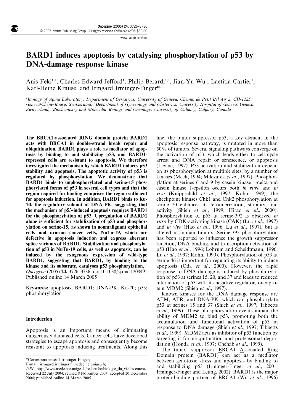 BARD1 Induces Apoptosis by Catalysing Phosphorylation of P53 by DNA-Damage Response Kinase