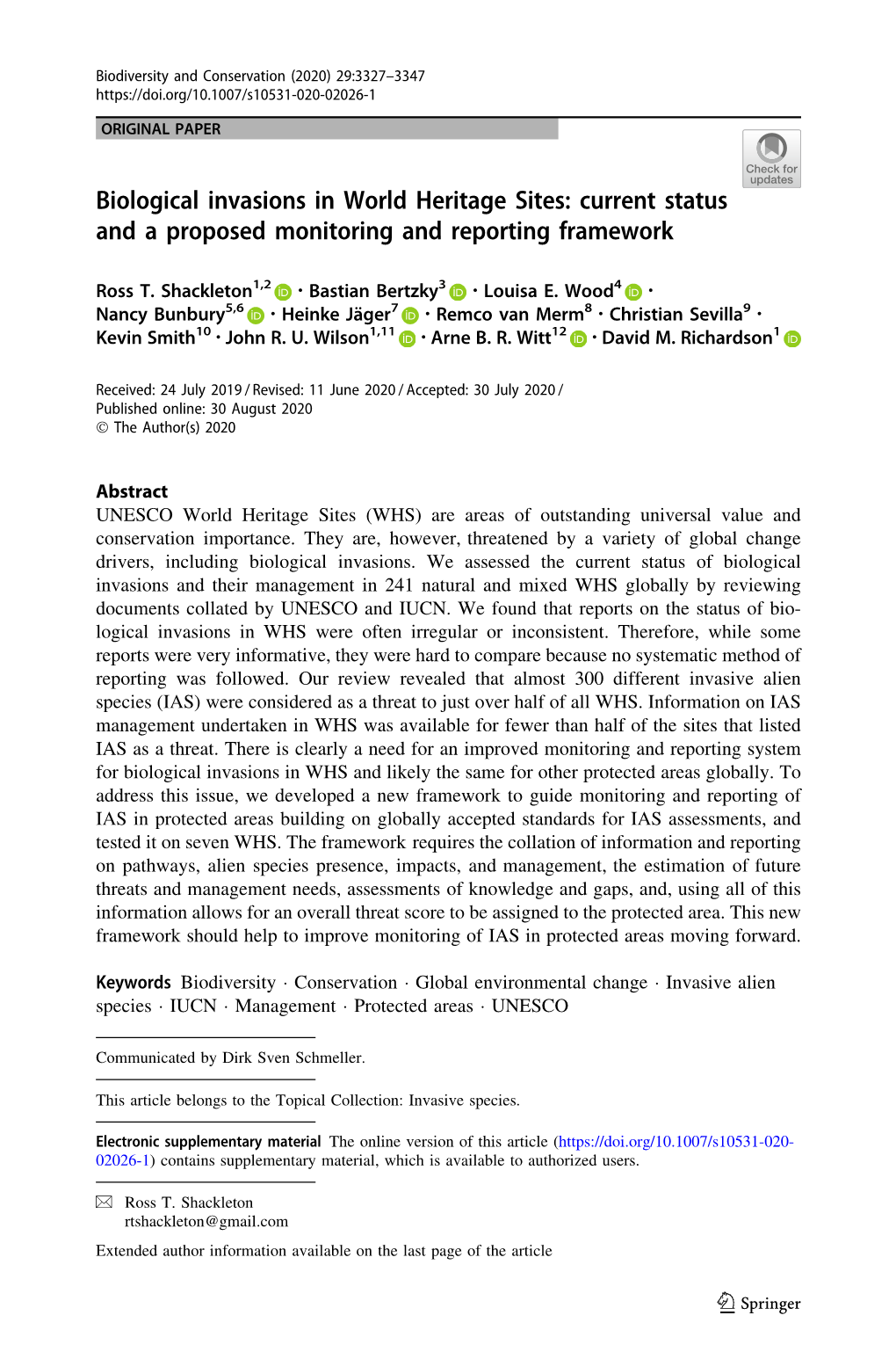 Biological Invasions in World Heritage Sites: Current Status and a Proposed Monitoring and Reporting Framework