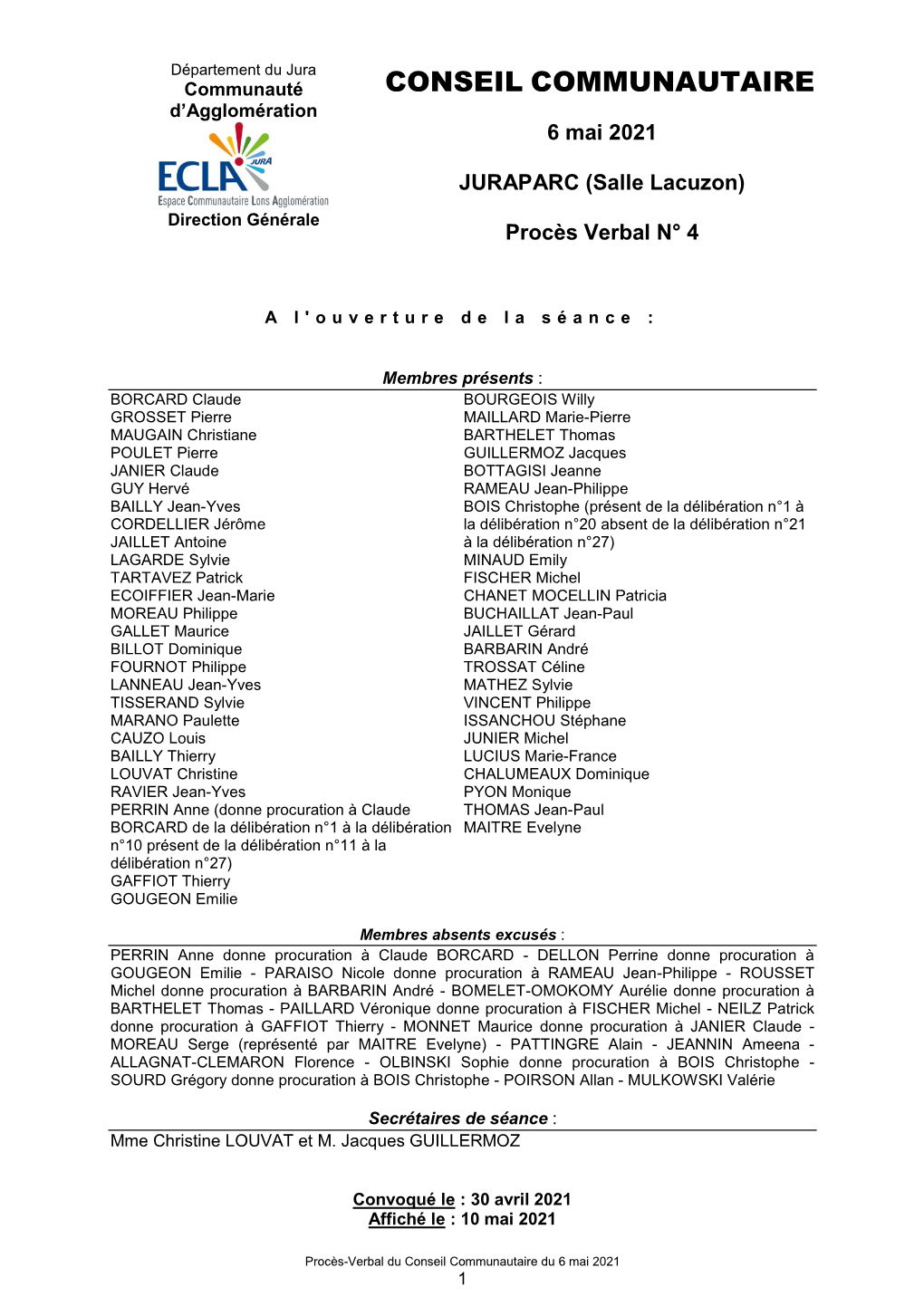 Département Du Jura Communauté CONSEIL COMMUNAUTAIRE D’Agglomération 6 Mai 2021