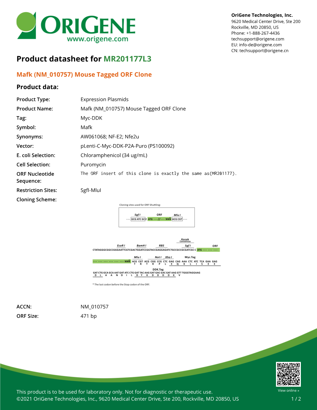 Mafk (NM 010757) Mouse Tagged ORF Clone Product Data