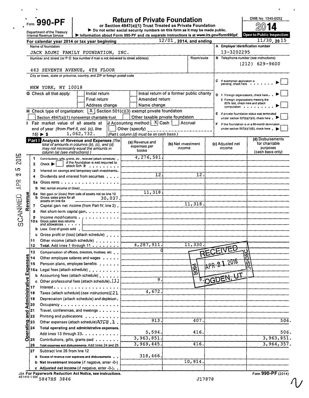 Form990-PF Or Section 4947(A)(1) Trust Treated As Private Foundation Do Not Enter Social Security Numbers on This Form As It May Be Made Public