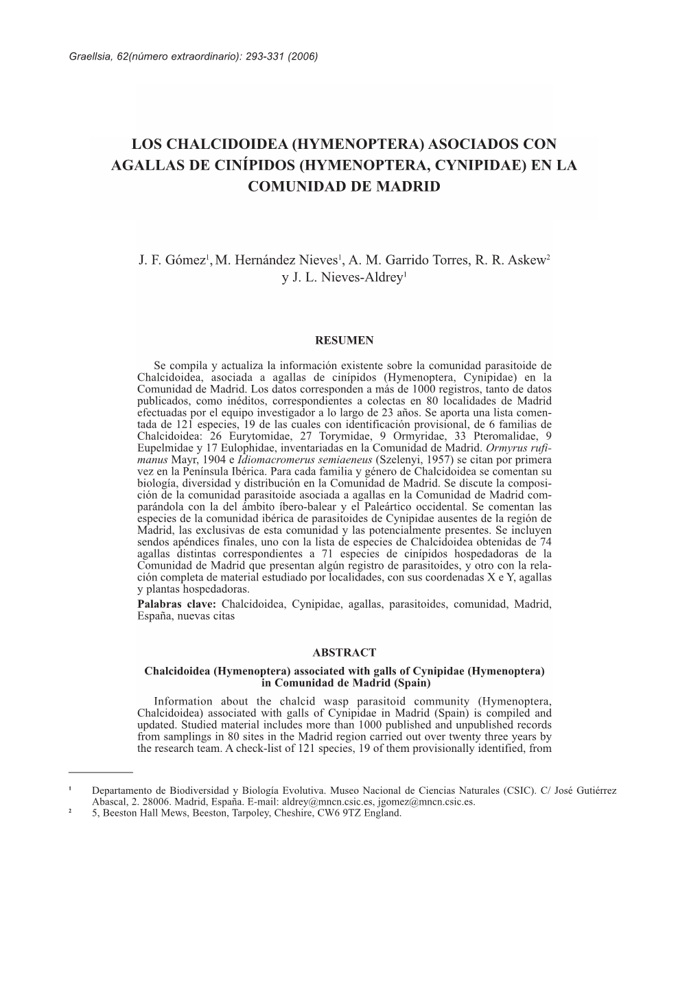 Los Chalcidoidea (Hymenoptera) Asociados Con Agallas De Cinípidos (Hymenoptera, Cynipidae) En La Comunidad De Madrid