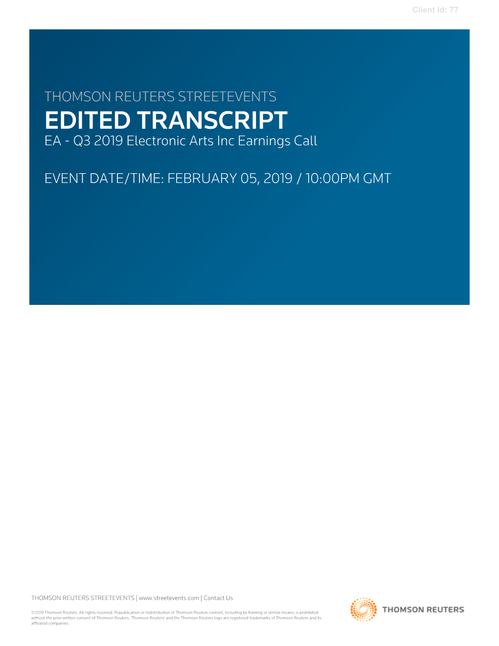 Q3 2019 Electronic Arts Inc Earnings Call on February 05, 2019 / 10:00PM