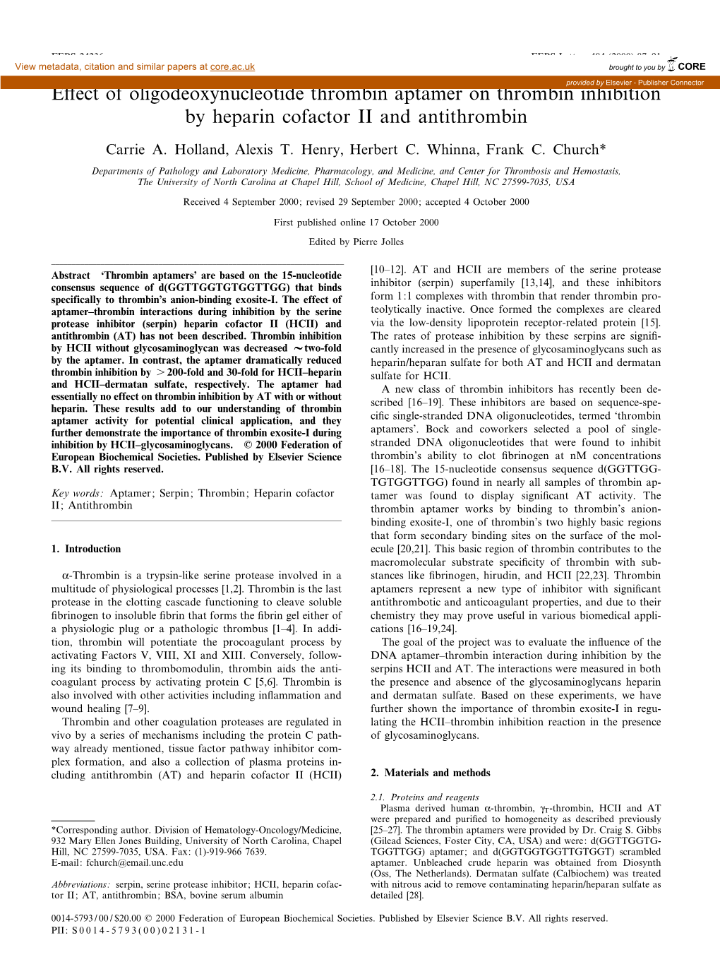 Effect of Oligodeoxynucleotide Thrombin Aptamer on Thrombin Inhibition by Heparin Cofactor II and Antithrombin