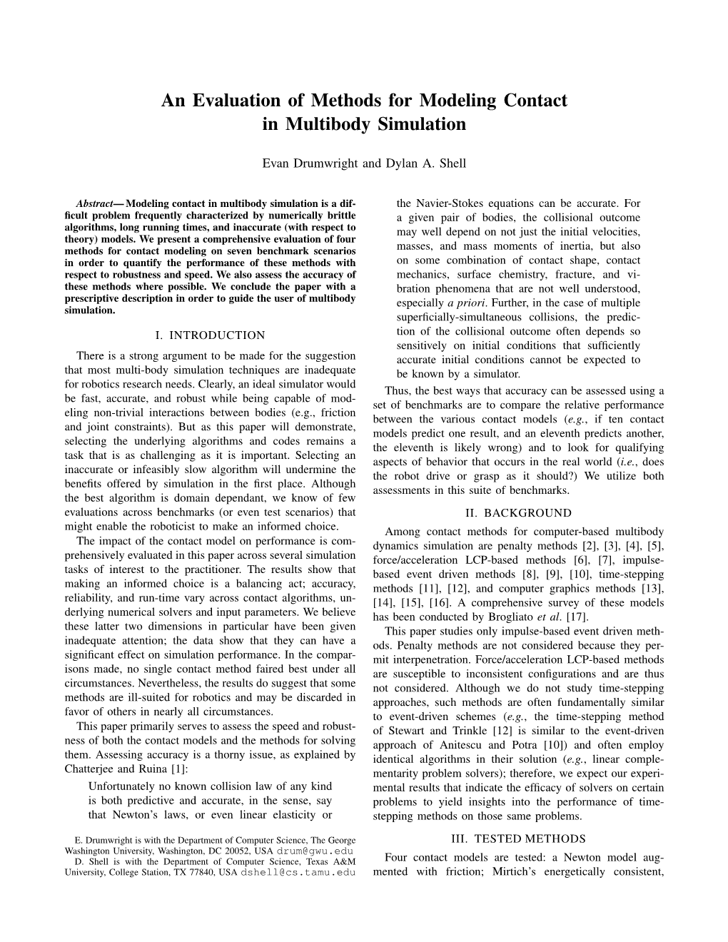 An Evaluation of Methods for Modeling Contact in Multibody Simulation