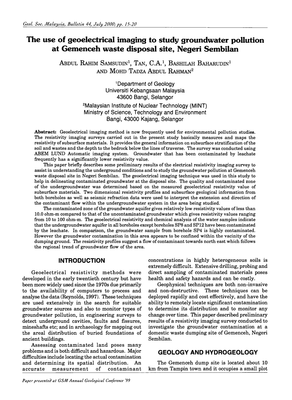 The Use of Geoelectrical Imaging to Study Groundwater Pollution at Gemenceh Waste Disposal Site, Negeri Sembilan