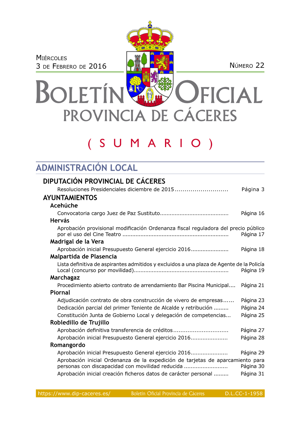 ADMINISTRACIÓN LOCAL Diputación Provincial De Cáceres Resoluciones Presidenciales Diciembre De 2015