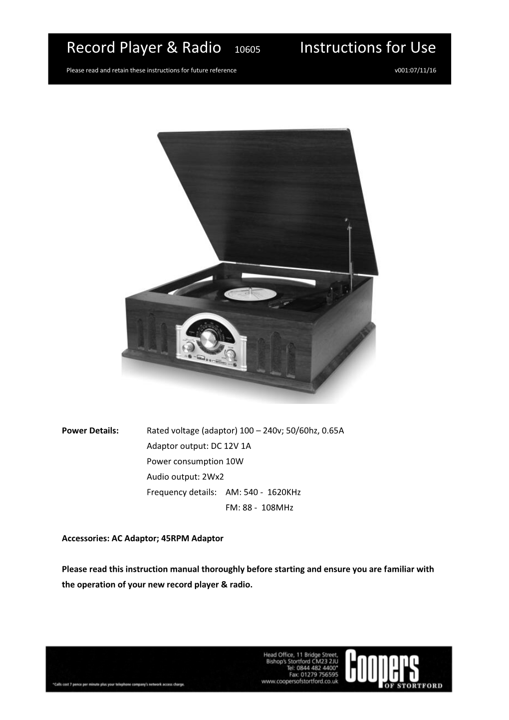 Record Player & Radio 10605 Instructions For