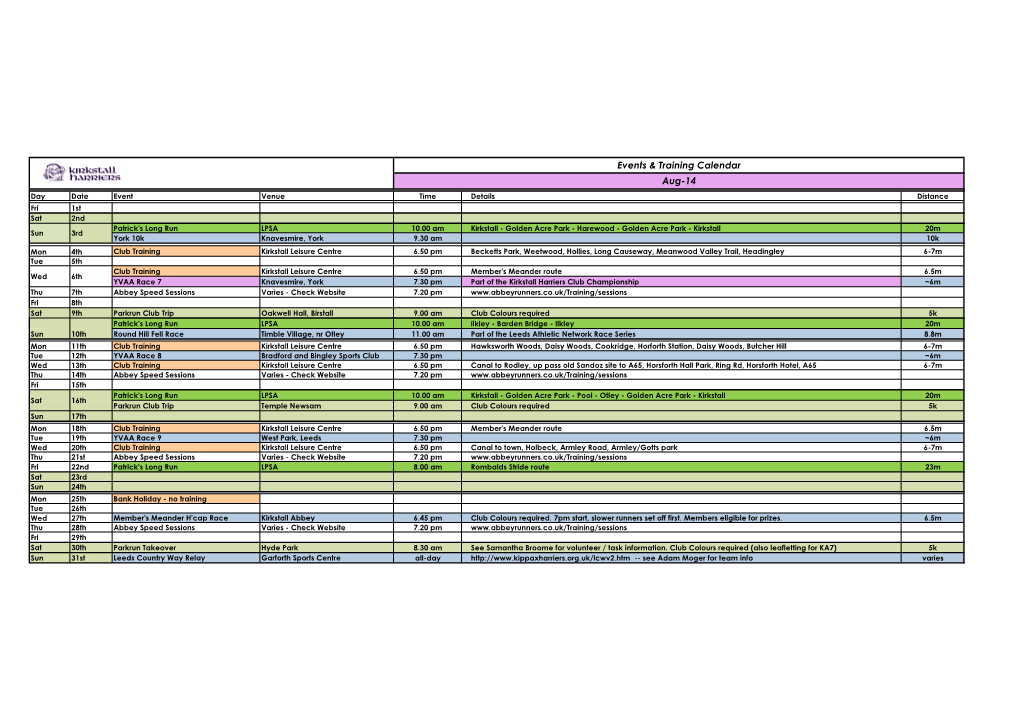 Events & Training Calendar Aug-14