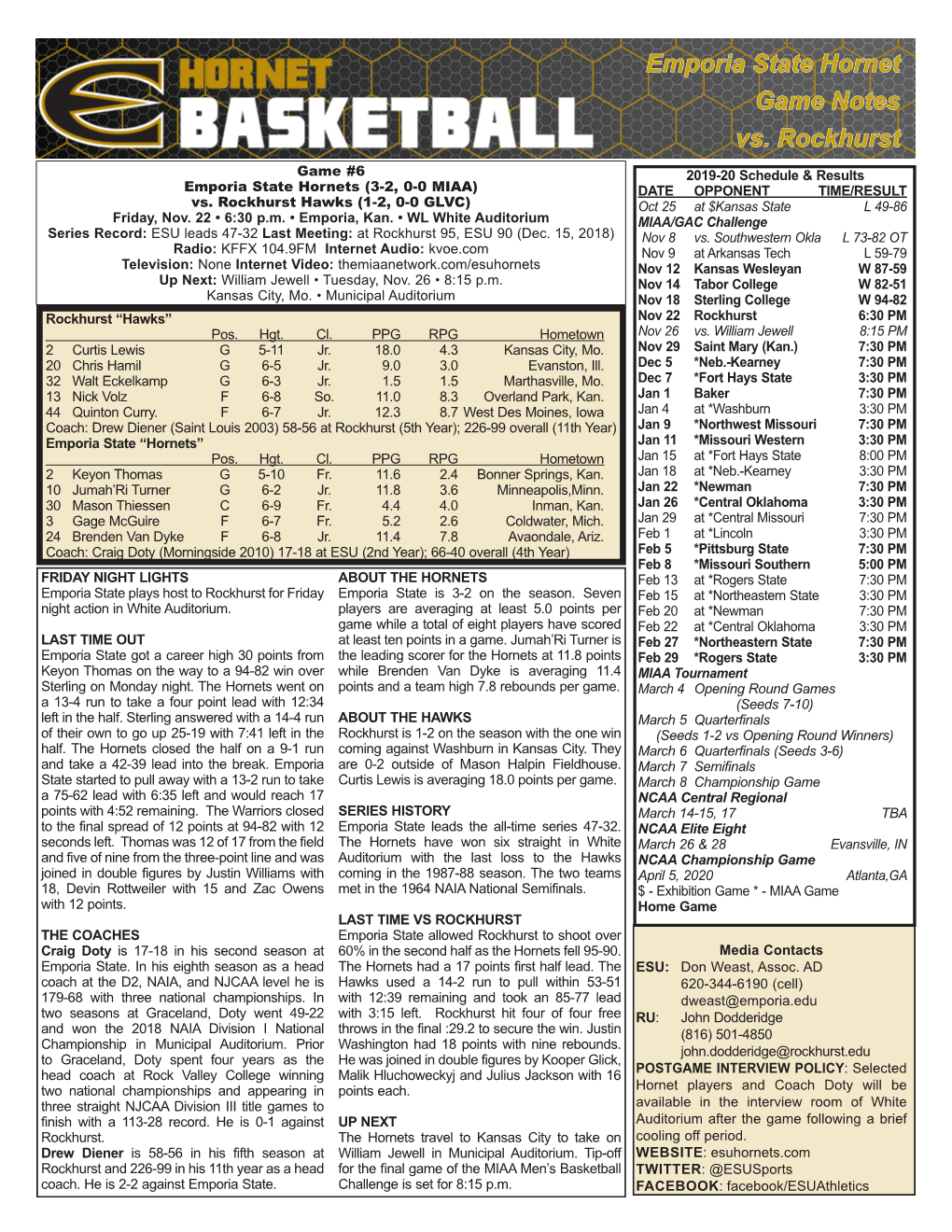 Emporia State Hornet Game Notes Vs. Rockhurst