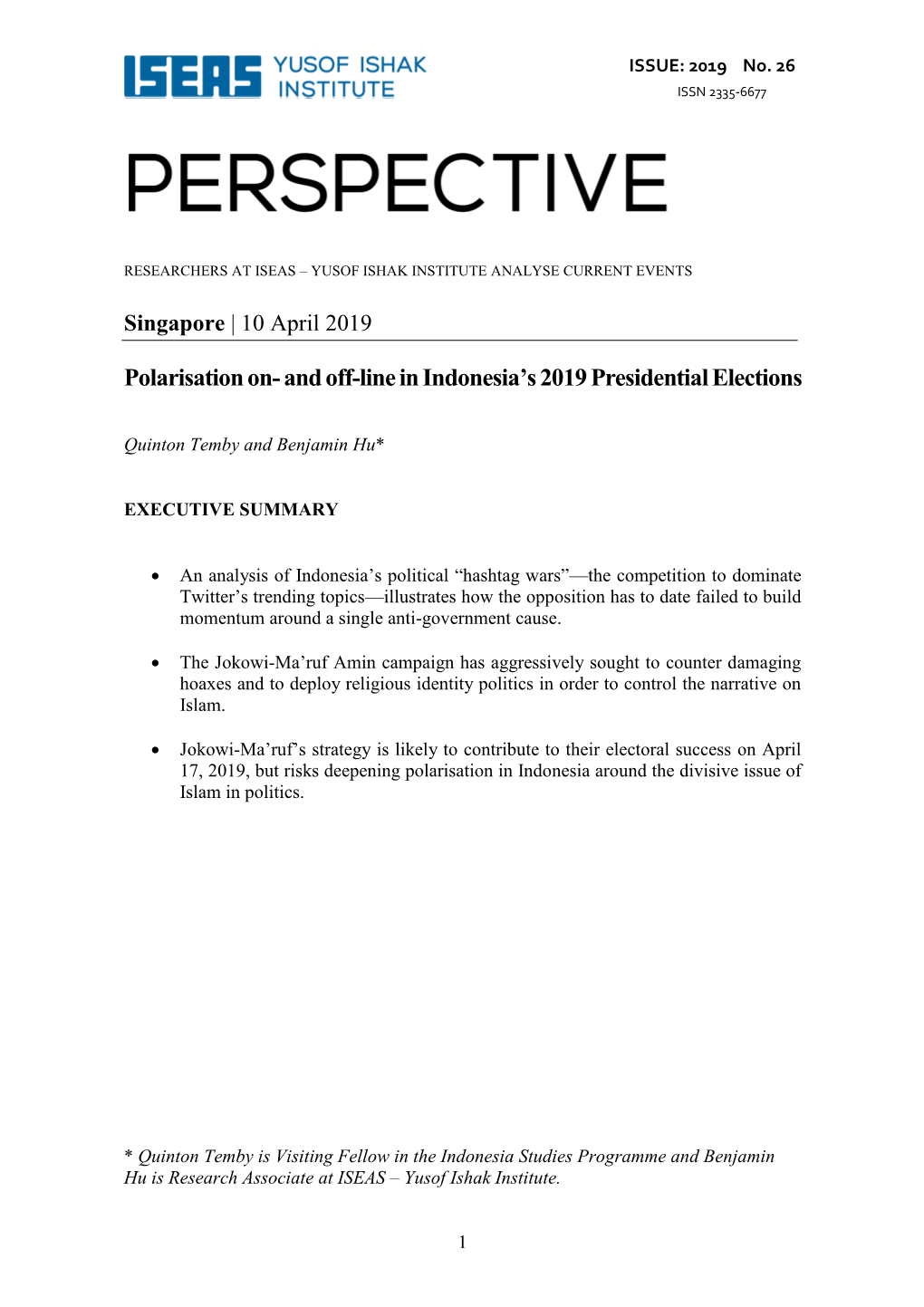 Polarisation On- and Off-Line in Indonesia's 2019 Presidential