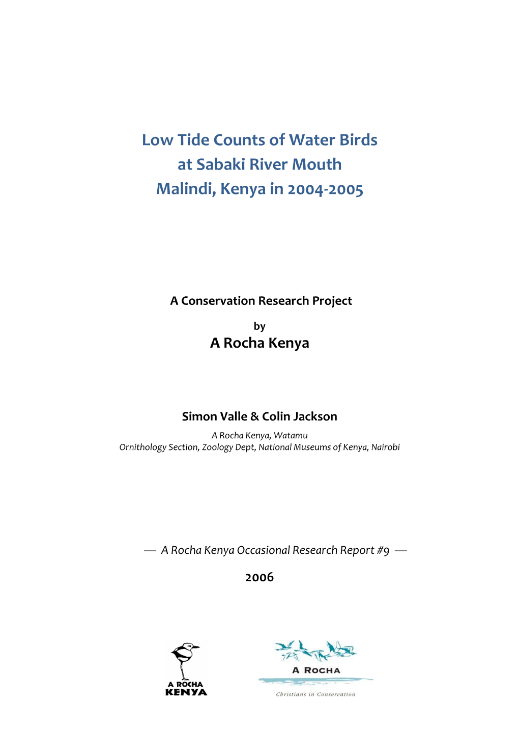 Low Tide Counts of Water Birds at Sabaki River Mouth Malindi, Kenya in 2004-2005