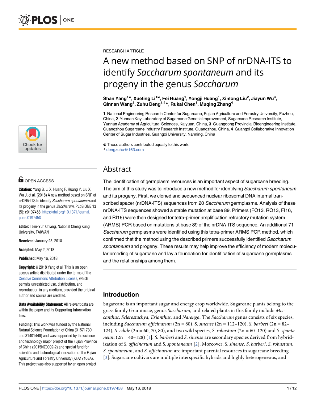 A New Method Based on SNP of Nrdna-ITS to Identify Saccharum Spontaneum and Its Progeny in the Genus Saccharum