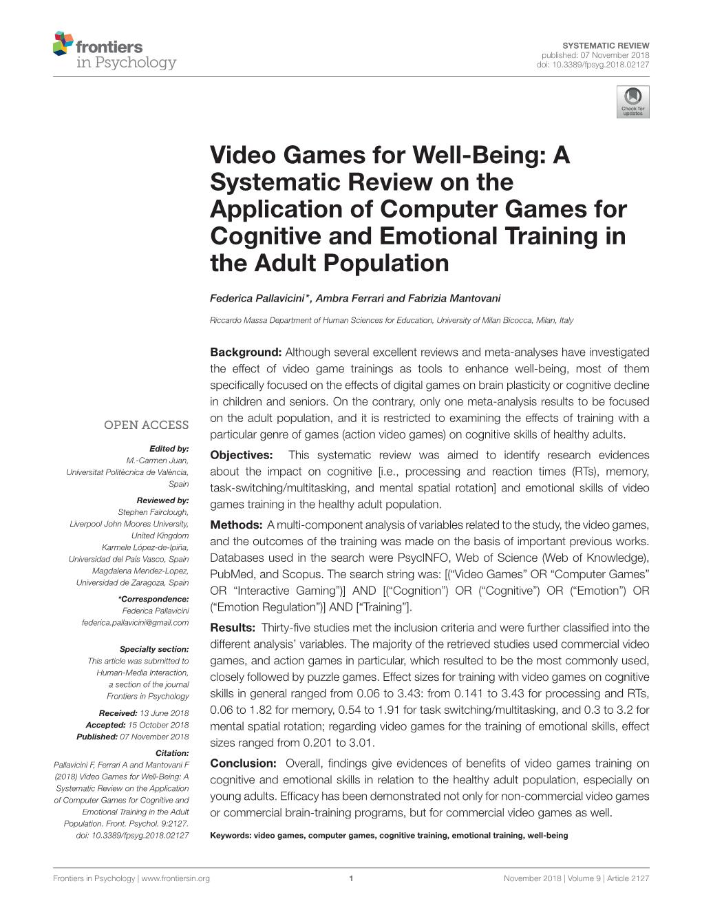 Video Games for Well-Being: a Systematic Review on the Application of Computer Games for Cognitive and Emotional Training in the Adult Population