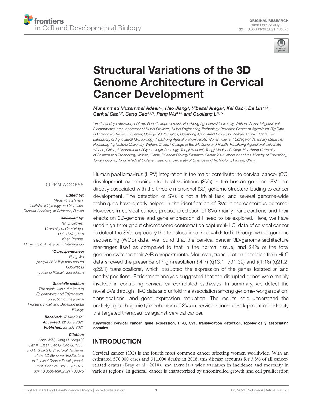 Structural Variations of the 3D Genome Architecture in Cervical Cancer Development