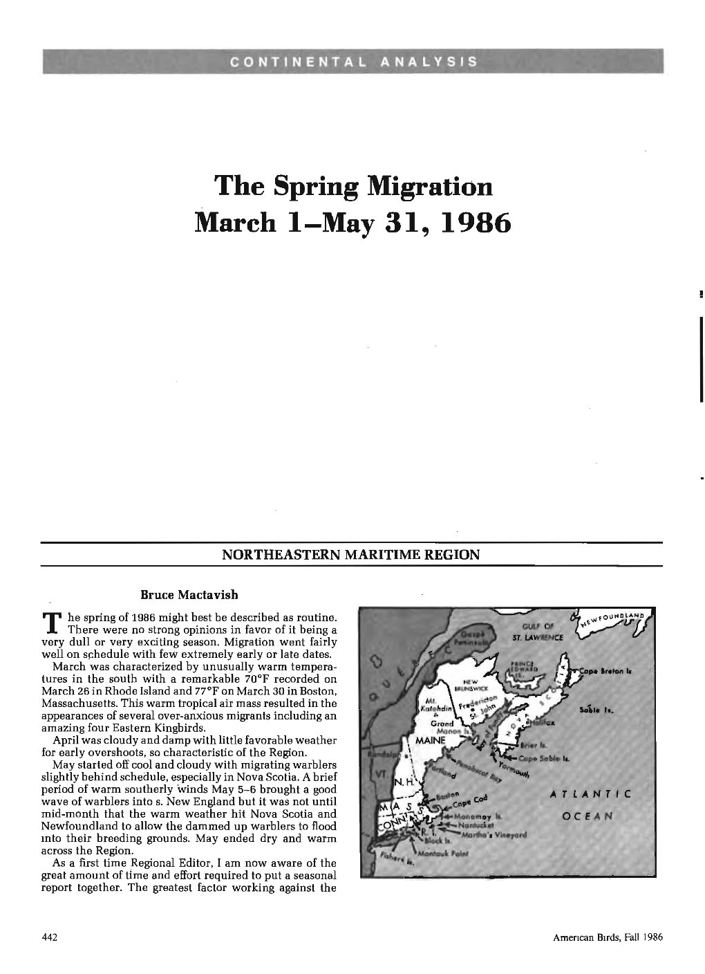 The Spring Migration March 1-May 31, 1986