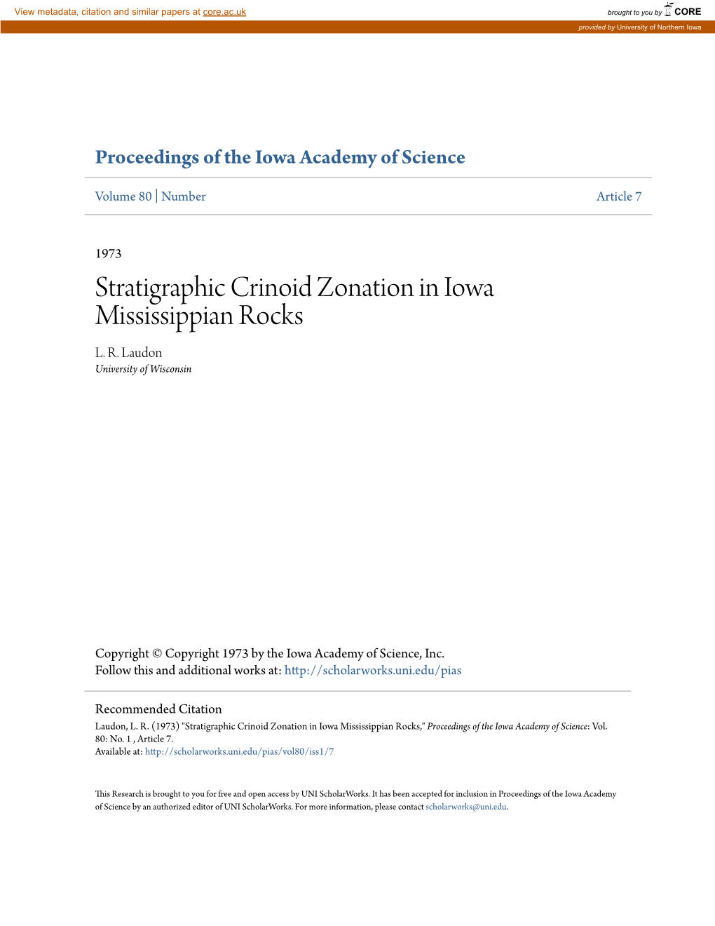 Stratigraphic Crinoid Zonation in Iowa Mississippian Rocks L