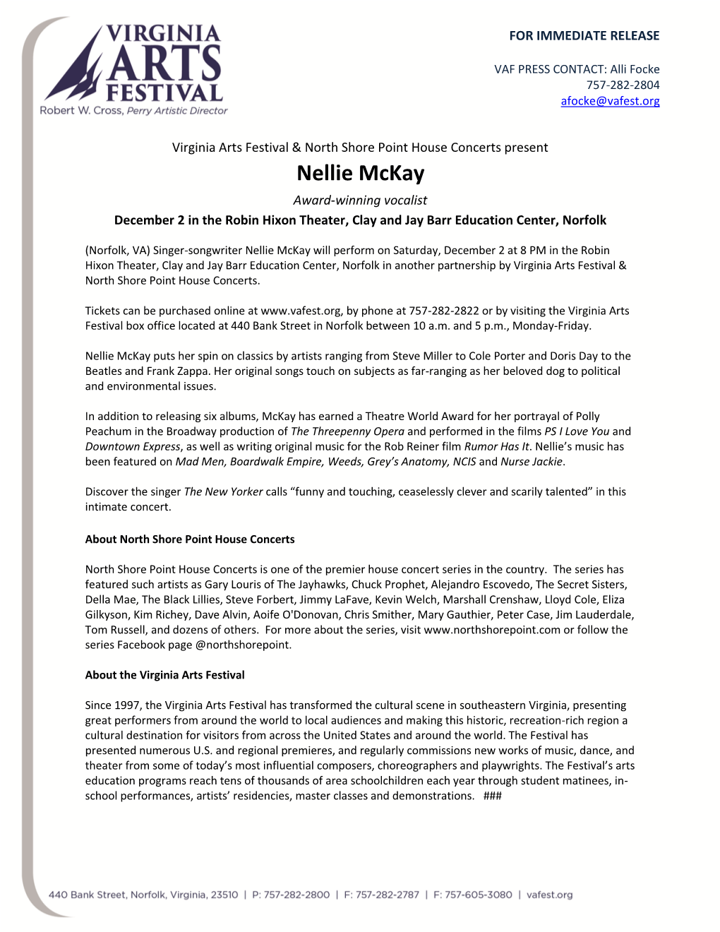 Nellie Mckay Award-Winning Vocalist December 2 in the Robin Hixon Theater, Clay and Jay Barr Education Center, Norfolk