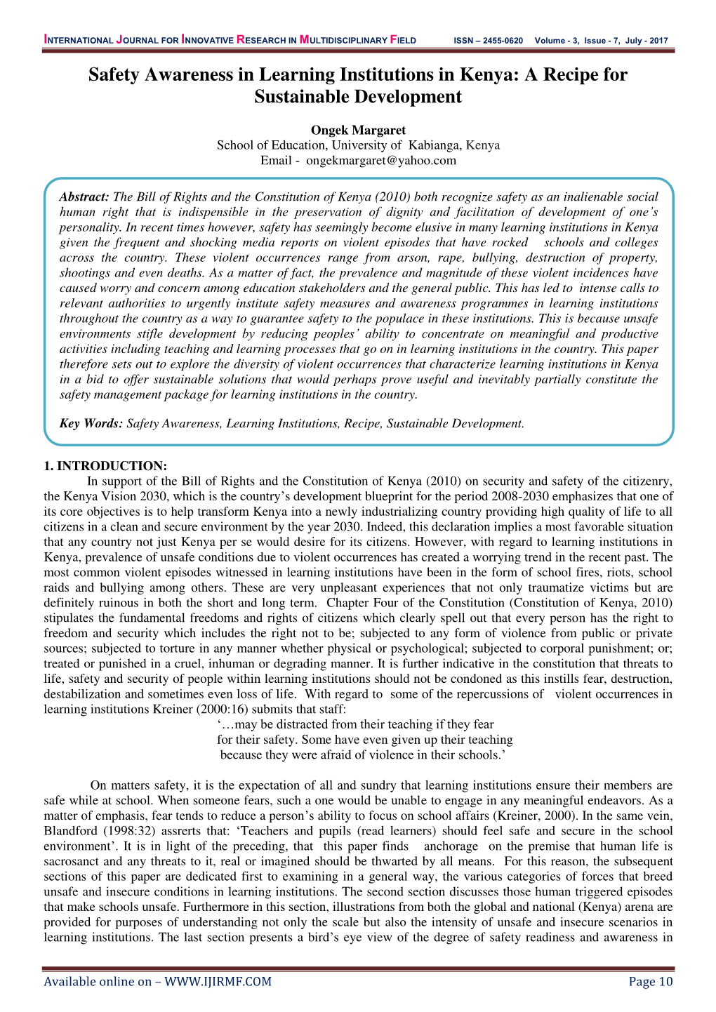 Safety Awareness in Learning Institutions in Kenya: a Recipe for Sustainable Development