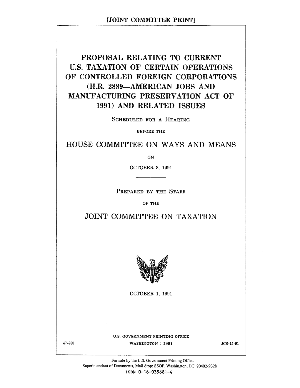 Proposal Relating to Current U.S. Taxation of Certain Operations of Controlled Foreign Corporations (H.R