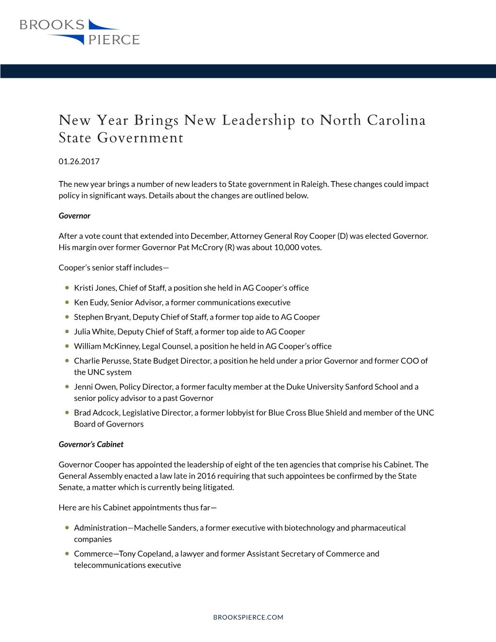 New Year Brings New Leadership to North Carolina State Government