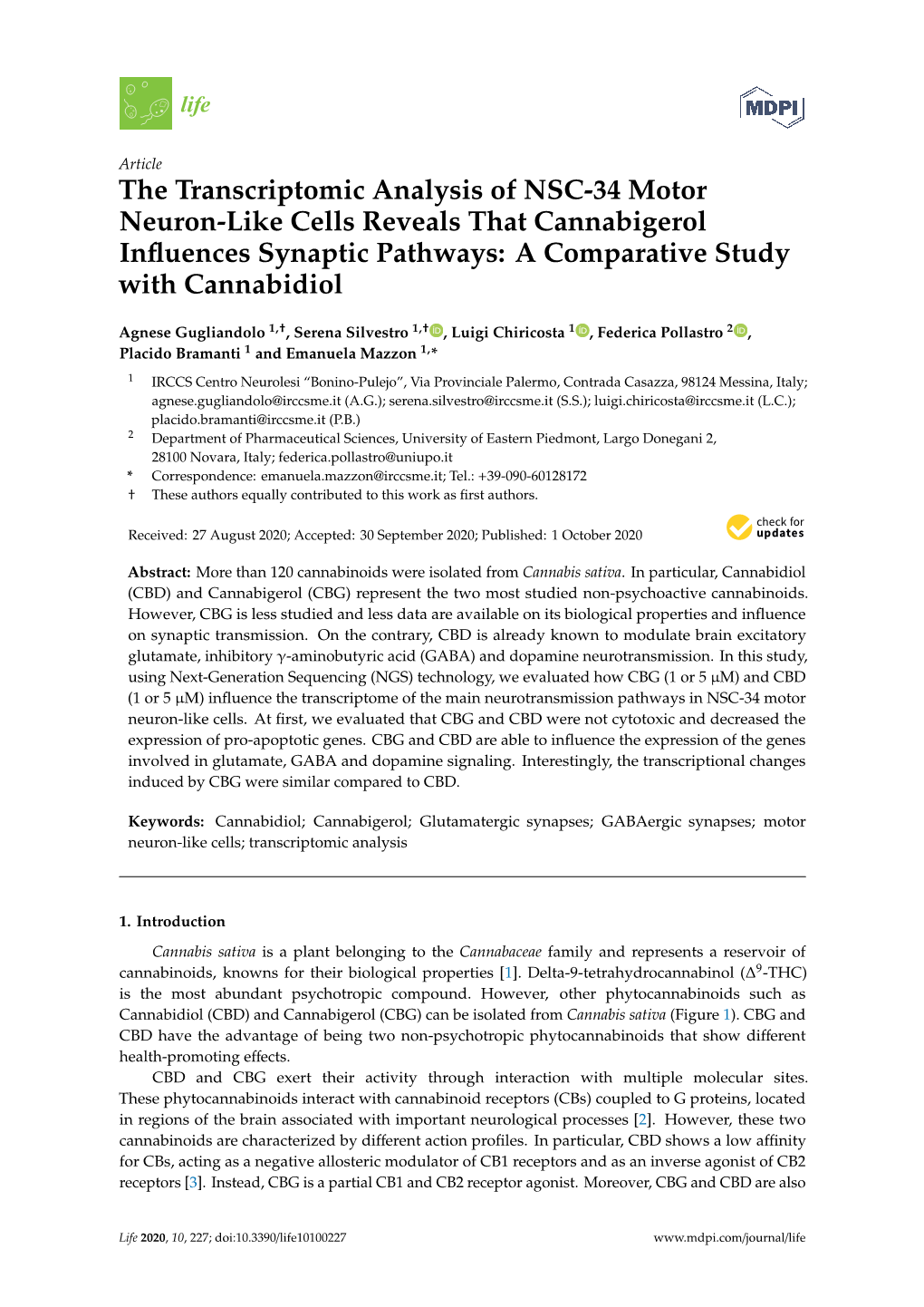 The Transcriptomic Analysis of NSC-34 Motor Neuron-Like Cells Reveals That Cannabigerol Inﬂuences Synaptic Pathways: a Comparative Study with Cannabidiol