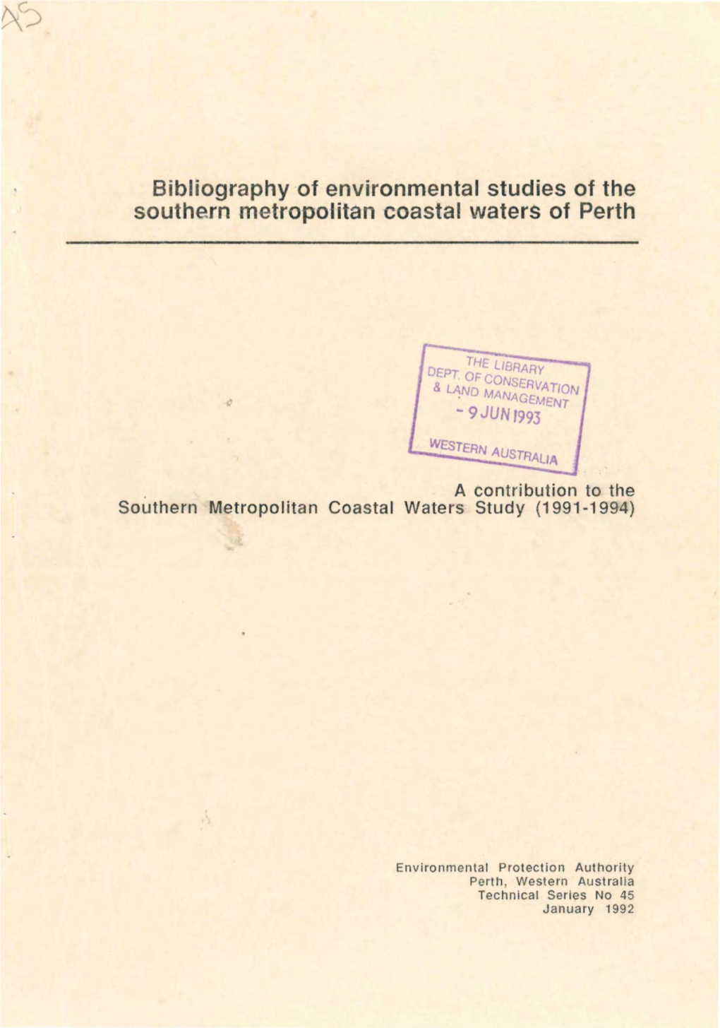 Of Environmental Studies of the Southern Metropolitan Coastal Waters of Perth