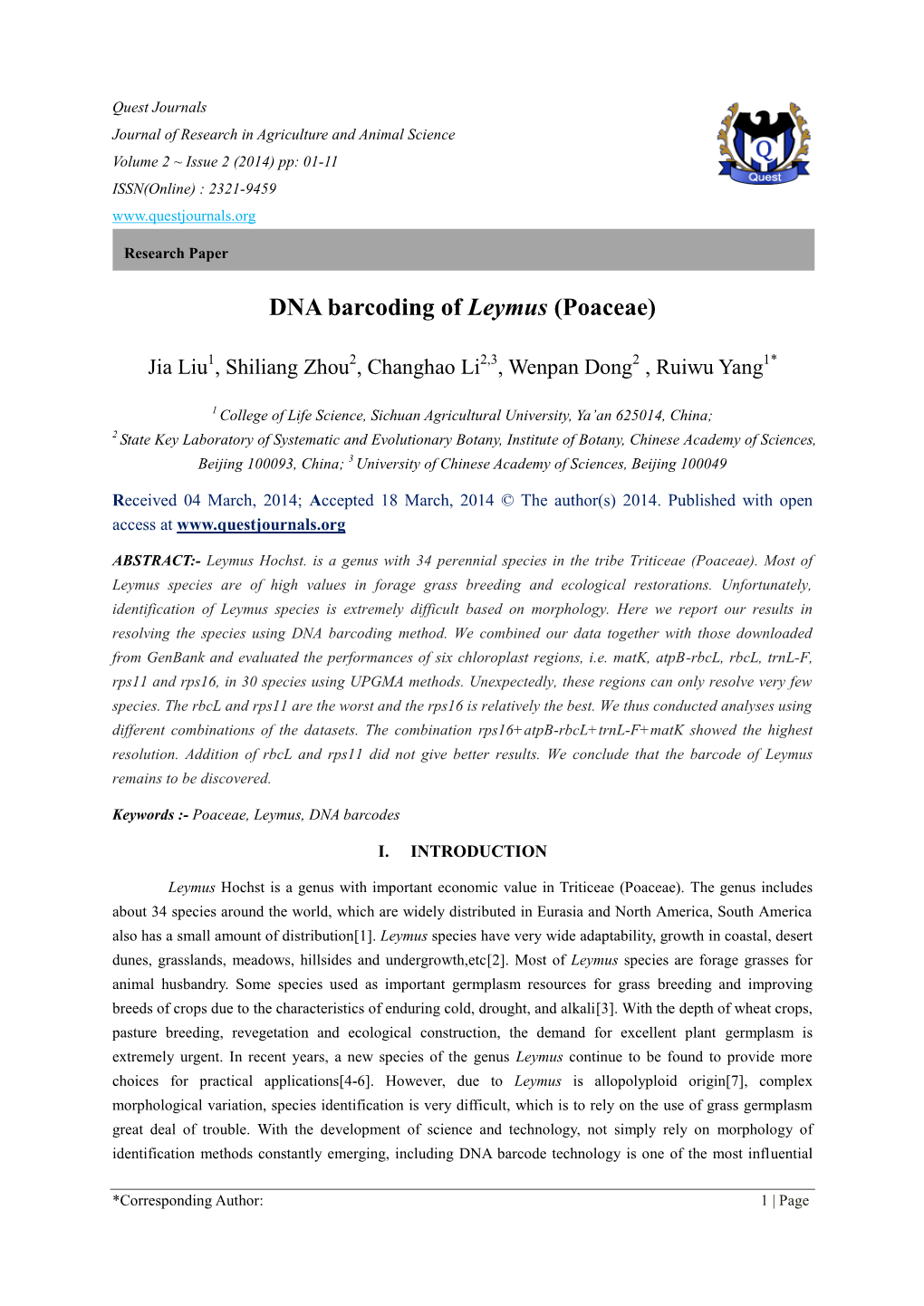 DNA Barcoding of Leymus (Poaceae)