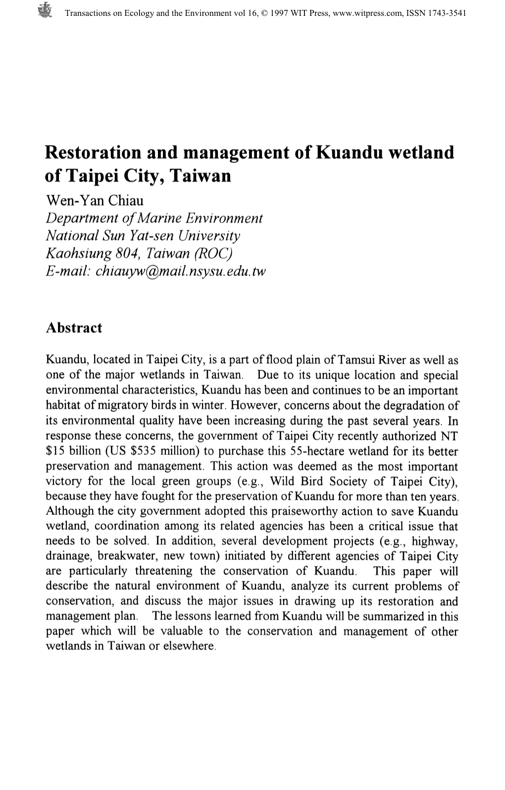 Restoration and Management of Kuandu Wetland of Taipei City, Taiwan