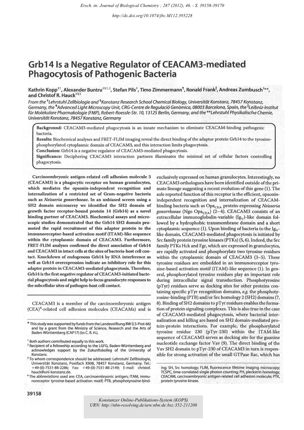 Grb14 Is a Negative Regulator of CEACAM3-Mediated Phagocytosis