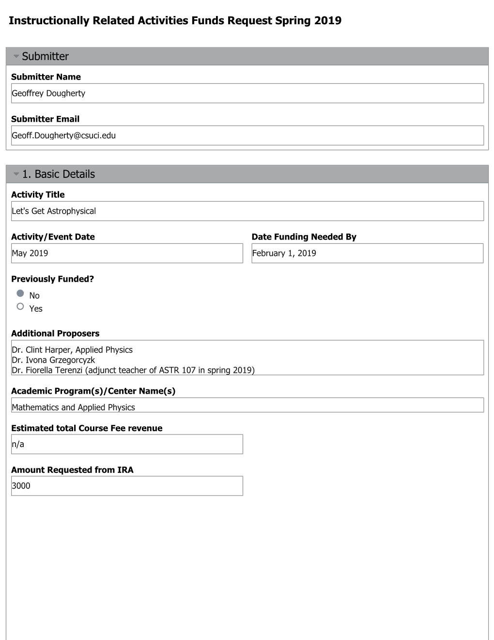 Instructionally Related Activities Funds Request Spring 2019 Submitter 1