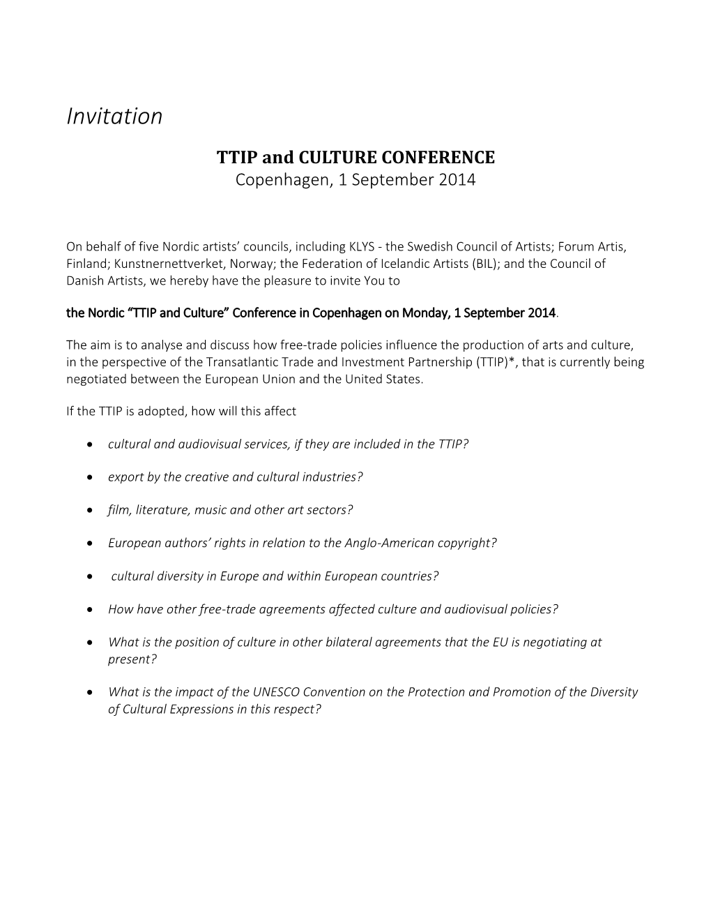 Invitation TTIP and CULTURE CONFERENCE