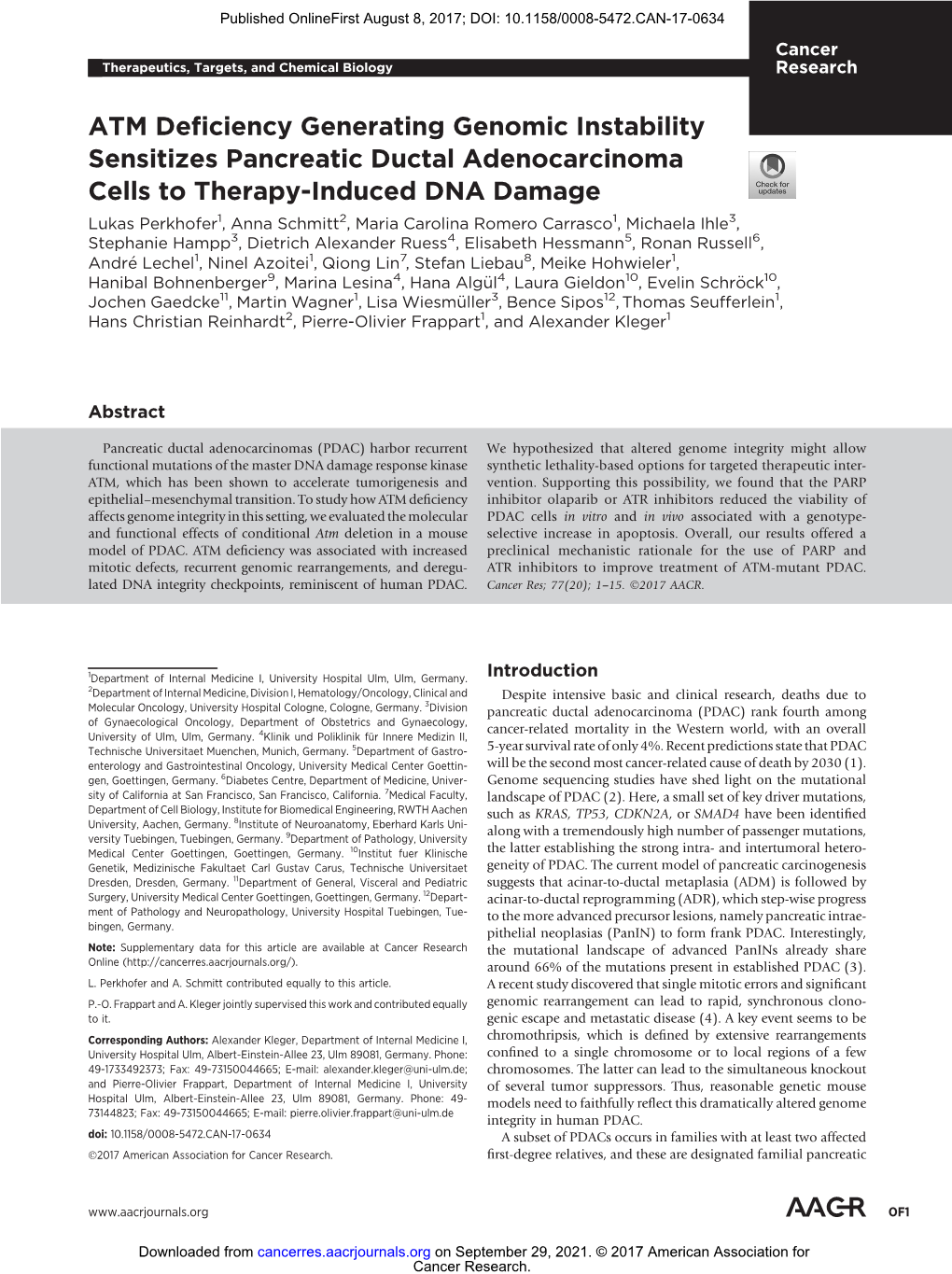 ATM Deficiency Generating Genomic Instability Sensitizes Pancreatic Ductal Adenocarcinoma Cells to Therapy-Induced DNA Damage