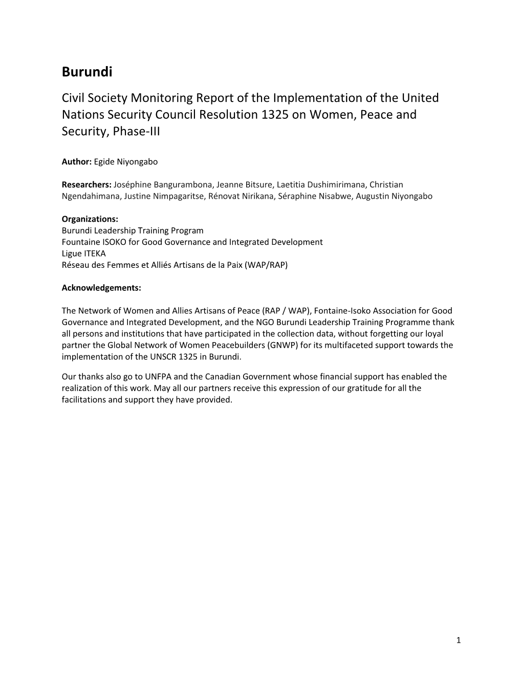 Burundi Civil Society Monitoring Report of the Implementation of the United Nations Security Council Resolution 1325 on Women, Peace and Security, Phase-III