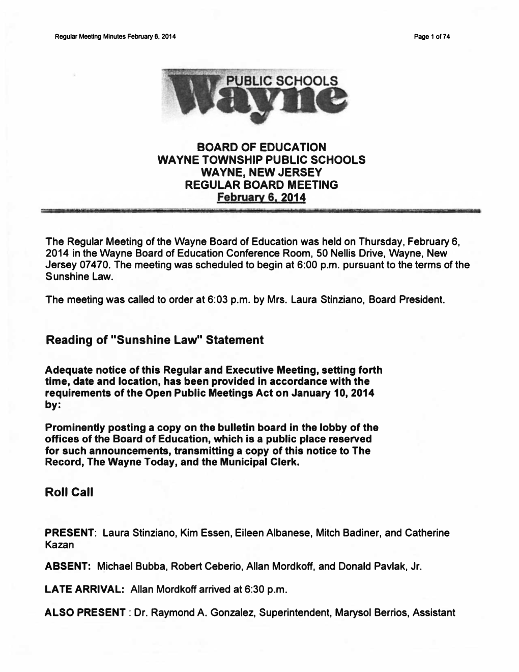 The Regular Meeting of the Wayne Board Of