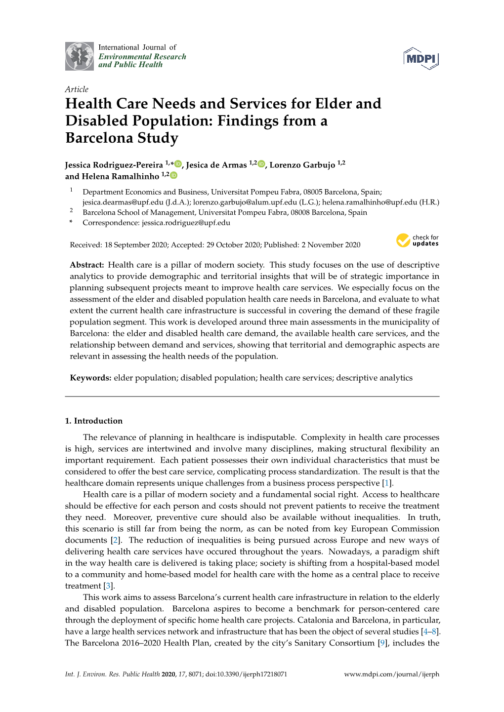 Health Care Needs and Services for Elder and Disabled Population: Findings from a Barcelona Study