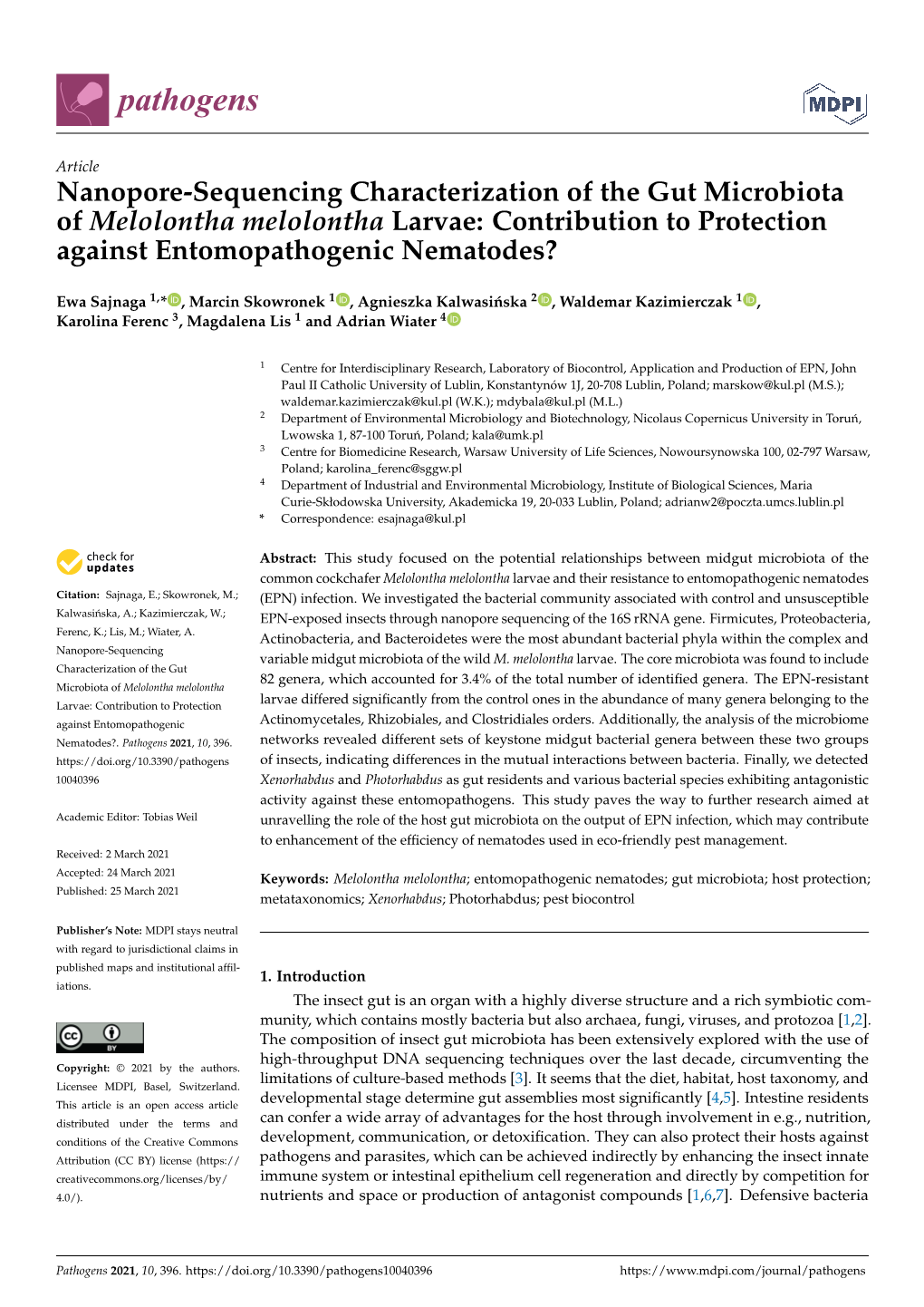 Nanopore-Sequencing Characterization of the Gut Microbiota of Melolontha Melolontha Larvae: Contribution to Protection Against Entomopathogenic Nematodes?