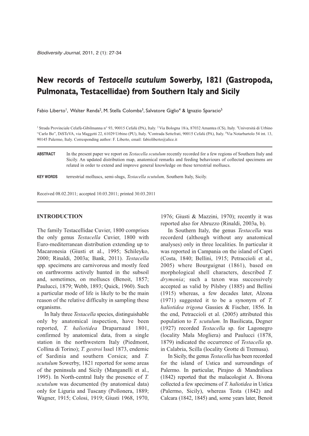 New Records of Testacella Scutulum Sowerby, 1821 (Gastropoda, Pulmonata, Testacellidae) from Southern Italy and Sicily