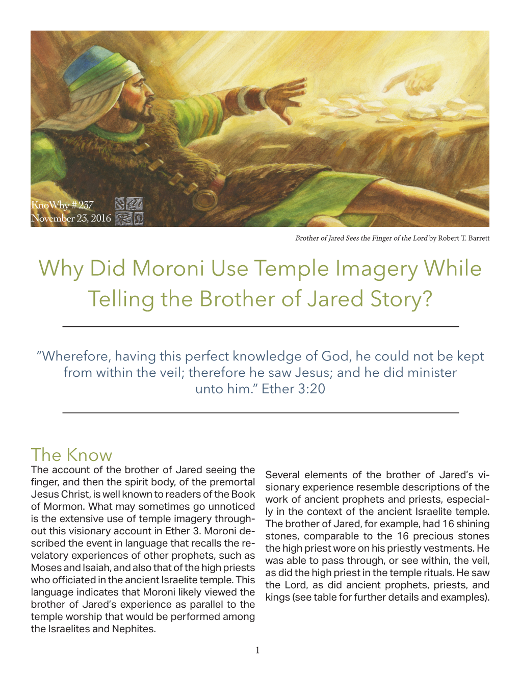 Why Did Moroni Use Temple Imagery While Telling the Brother of Jared Story?