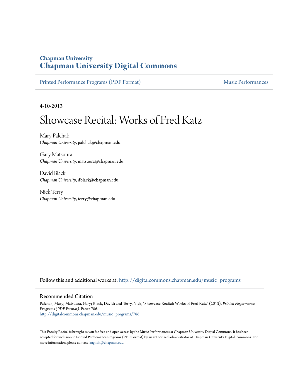 Showcase Recital: Works of Fred Katz Mary Palchak Chapman University, Palchak@Chapman.Edu