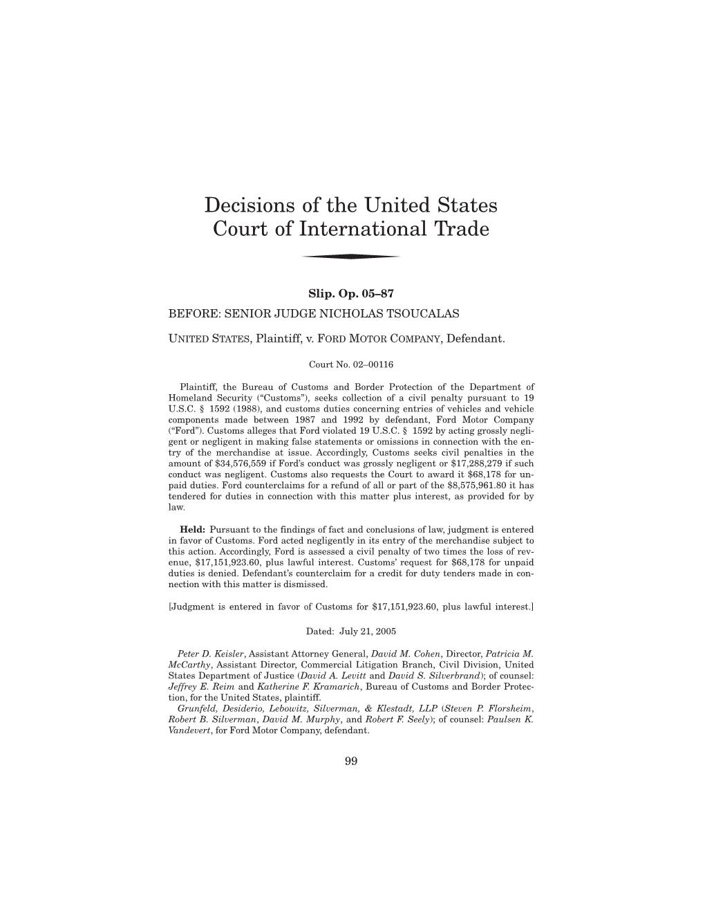 Decisions of the United States Court of International Trade