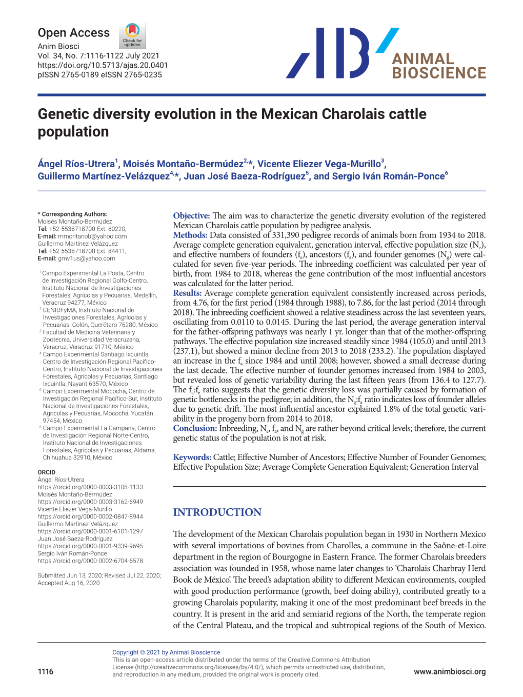 Genetic Diversity Evolution in the Mexican Charolais Cattle Population