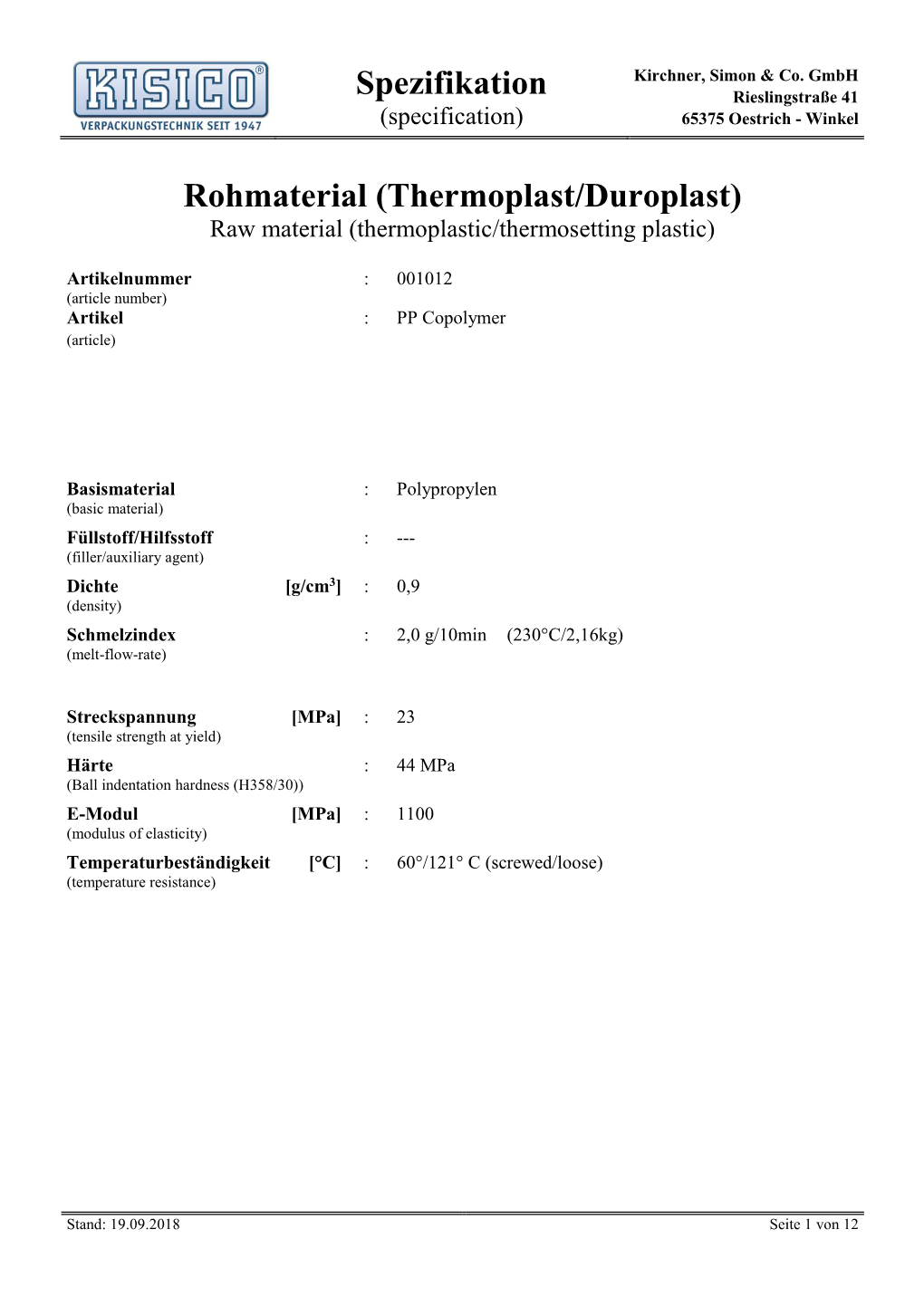 Spezifikation Rohmaterial (Thermoplast/Duroplast)