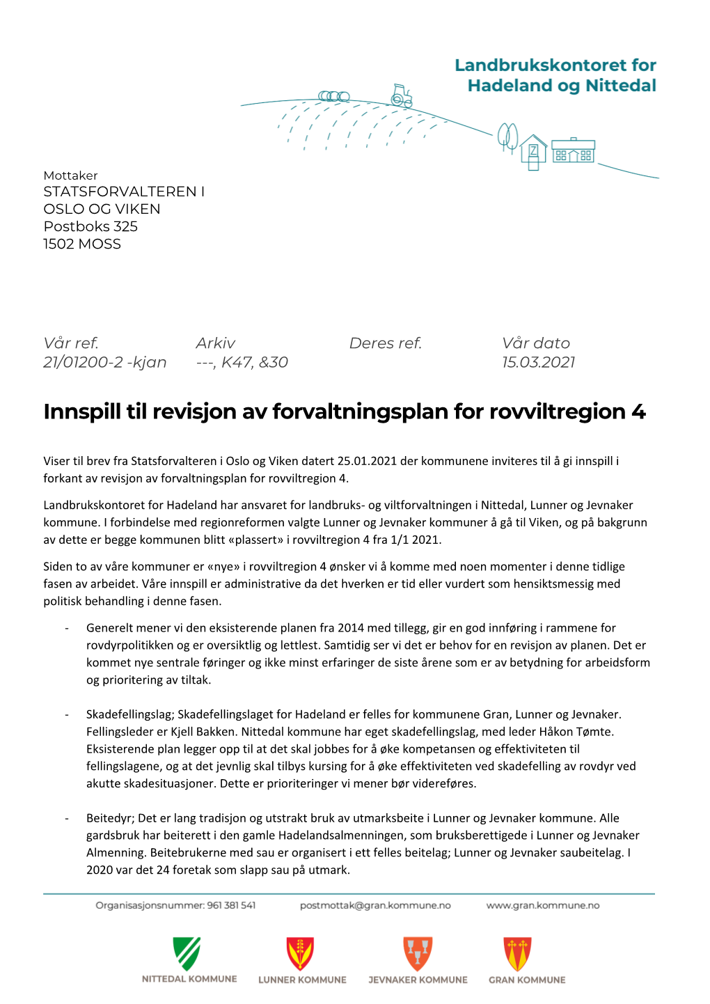 Innspill Til Revisjon Av Forvaltningsplan for Rovviltregion 4