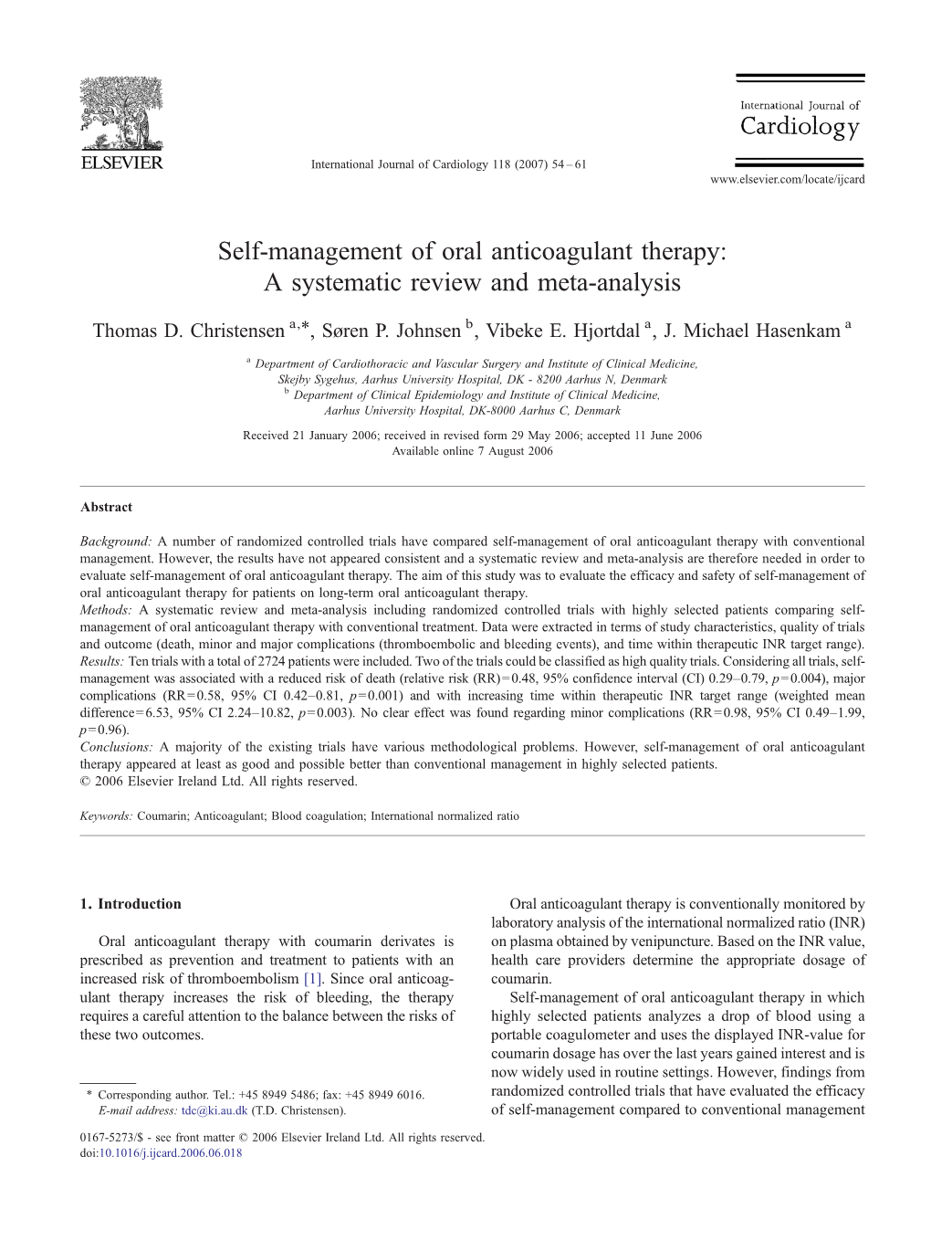 Self-Management of Oral Anticoagulant Therapy: a Systematic Review and Meta-Analysis ⁎ Thomas D