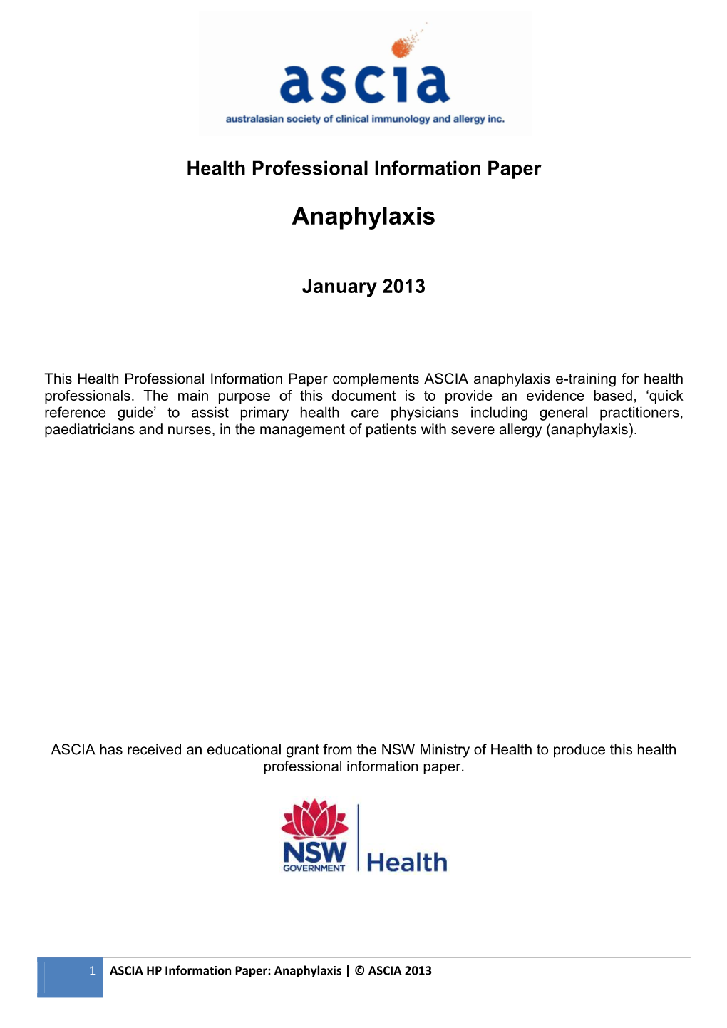 Health Professional Information Paper Anaphylaxis
