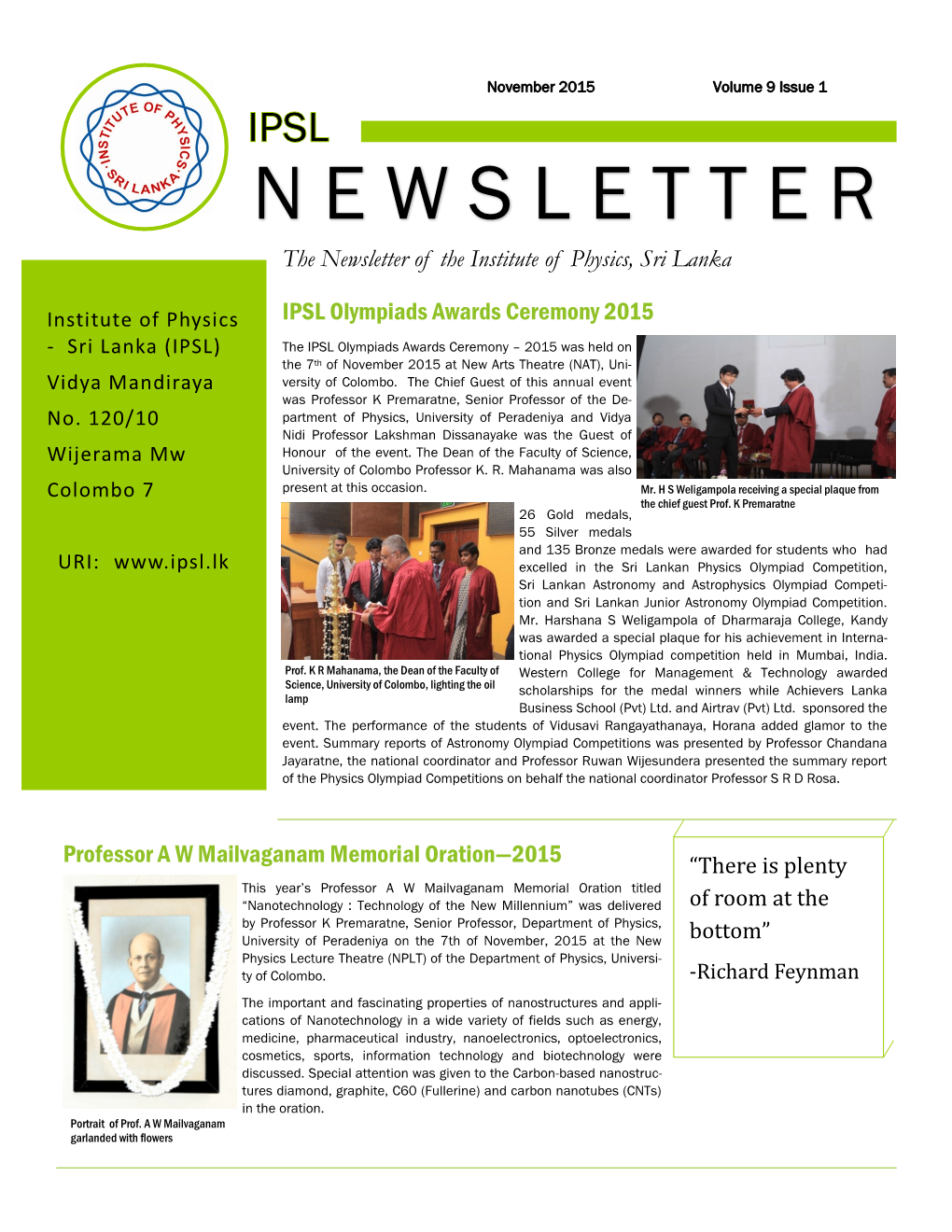 N E W S L E T T E R the Newsletter of the Institute of Physics, Sri Lanka