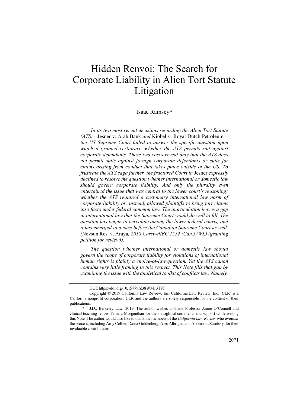 Hidden Renvoi: the Search for Corporate Liability in Alien Tort Statute Litigation