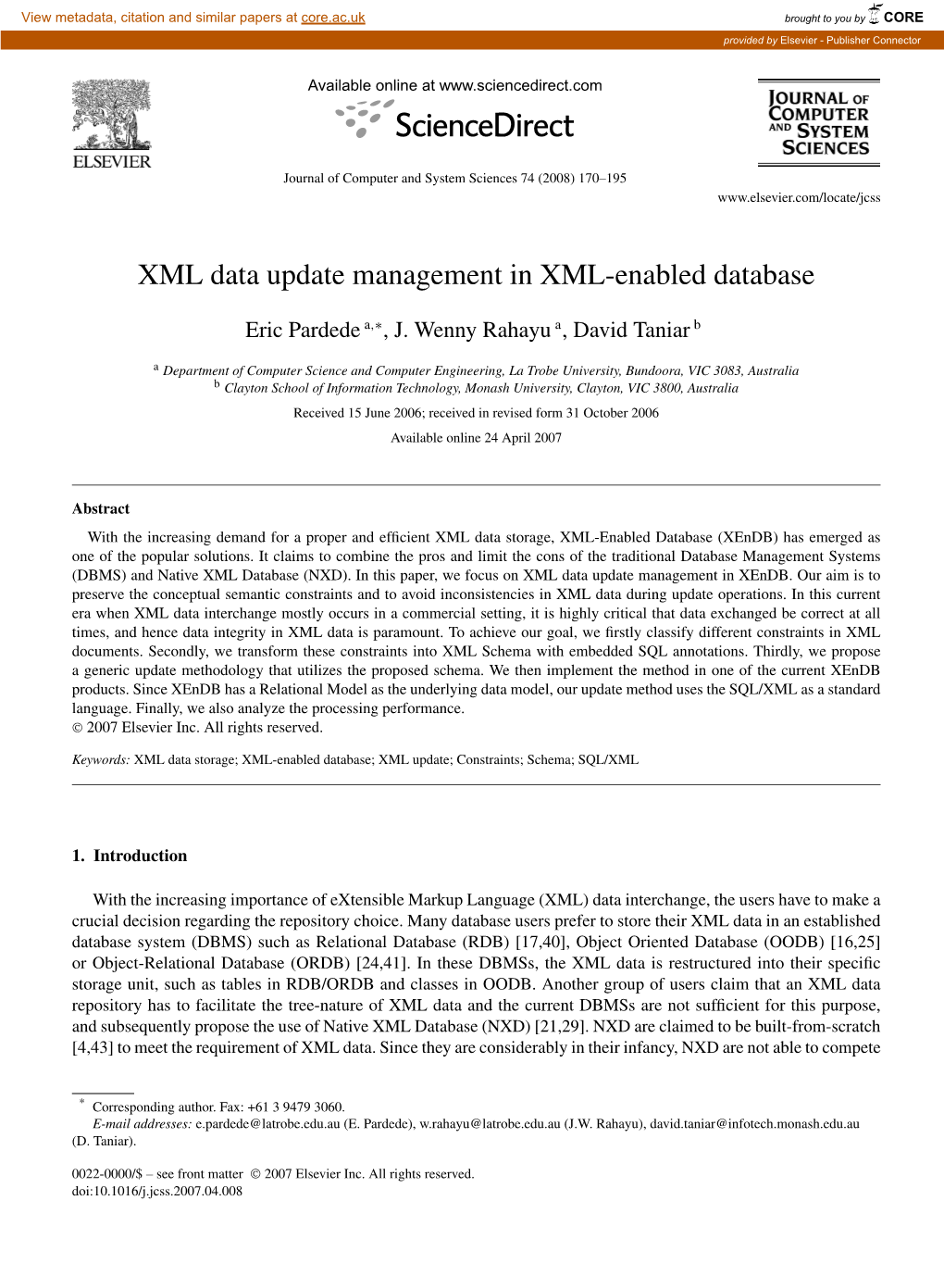 XML Data Update Management in XML-Enabled Database